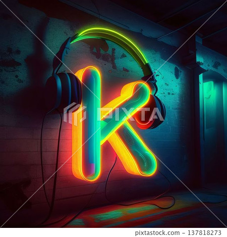 Neon letter K with headphones in a dark room. 3D rendering 137818273