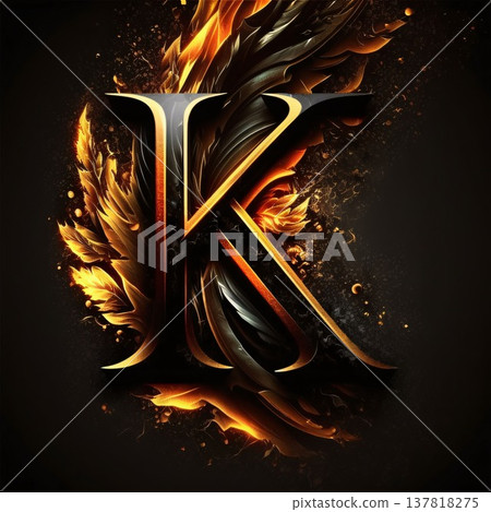 3D illustration of the letter K with a beautiful flame background. 137818275