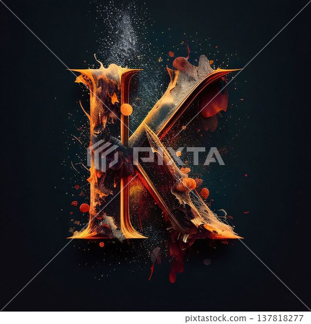 Fiery explosion letter K with blood splashes isolated on black background 137818277