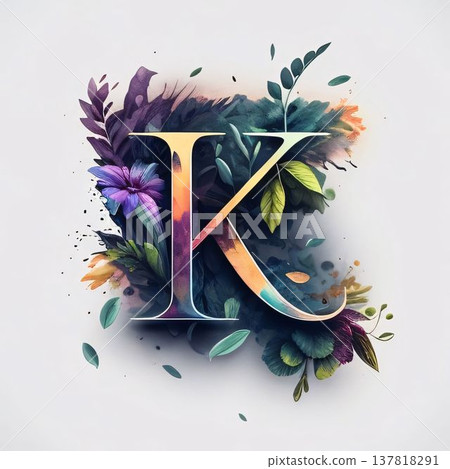Letter K with colorful flowers and leaves. Floral font. 3D rendering 137818291