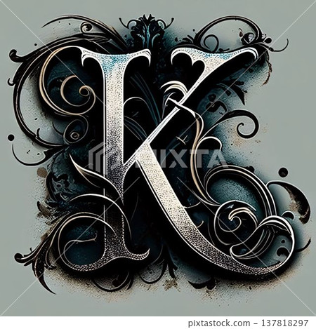 grunge letter K with floral ornament on it. 3d illustration 137818297