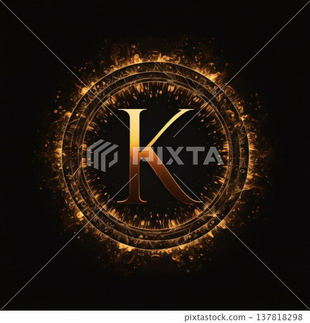 Golden letter K in the form of a circle with fire on a black background 137818298