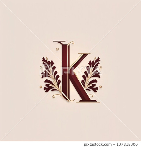 Luxury letter K with floral ornament. 3D render. 137818300