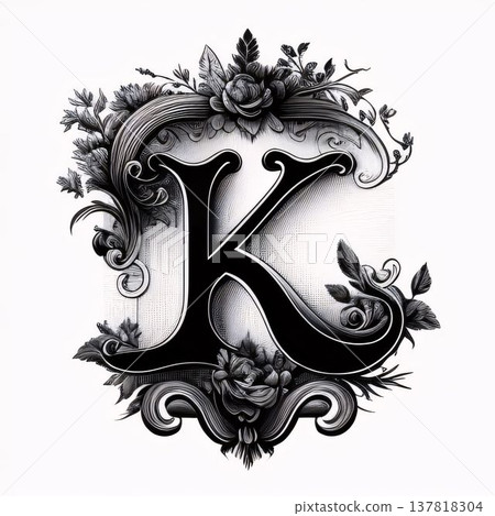 Vintage monogram with floral ornament, letter K in black. 137818304