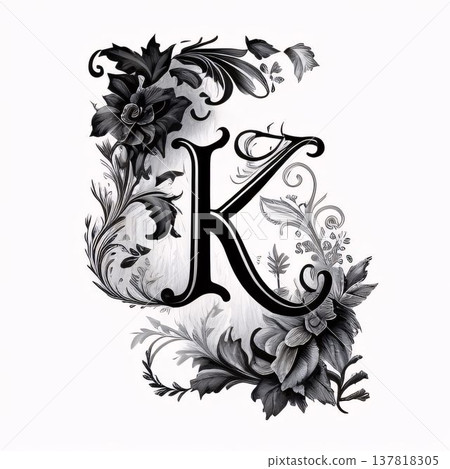 Vintage monogram with floral ornament. Letter K in the style of Baroque. 137818305