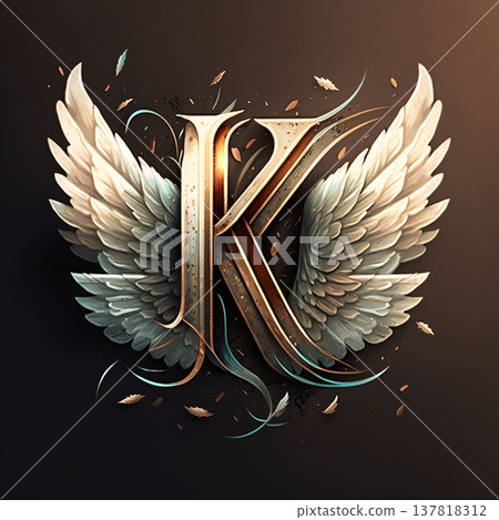 Vintage letter K with wings and floral ornament. 3D rendering 137818312