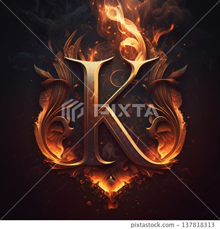 Luxury letter K on fire background. 3D illustration. 137818313