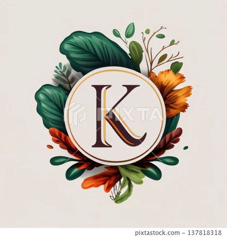 Vector illustration of letter K with floral wreath, leaves and flowers. Vector illustration of letter K with floral wreath, leaves and flowers. 137818318