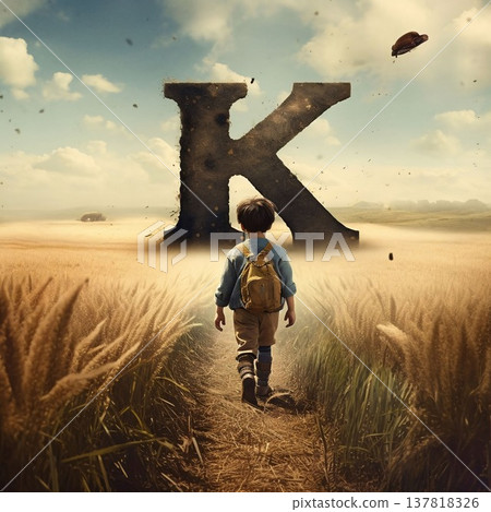 Little boy walking in wheat field with letter K. Education concept. 137818326
