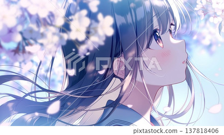一位動漫風格的漂亮女孩,在櫻花樹下,頭髮隨風飄揚。 一位動漫風格的漂亮女孩,在櫻花樹下,頭髮隨風飄揚。 137818406