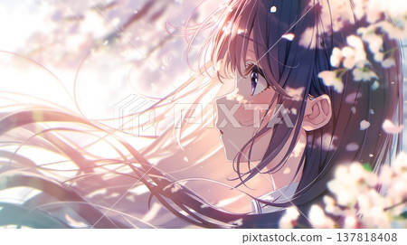 一位動漫風格的漂亮女孩，在櫻花樹下，頭髮隨風飄揚。 137818408