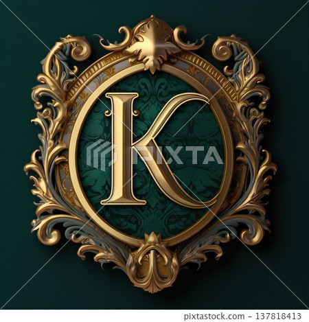 Luxury golden monogram with ornament. Letter K. 3D rendering Luxury golden monogram with ornament. Letter K. 3D rendering 137818413