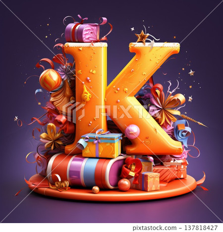 Letter K from the alphabet decorated with gifts and confetti. 3d illustration 137818427