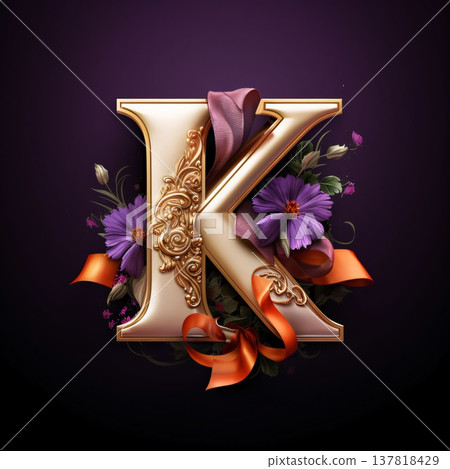 K letter with flowers and ribbon, classic golden style, 3d render K letter with flowers and ribbon, classic golden style, 3d render 137818429