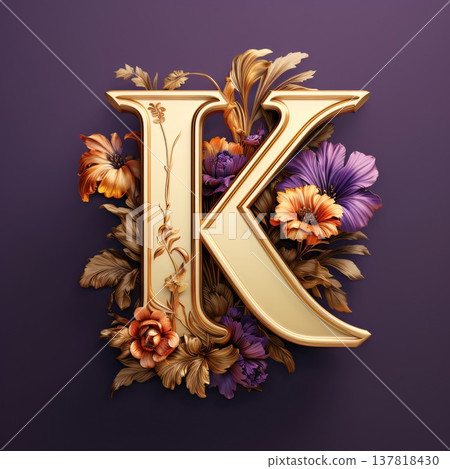 Golden letter K with flowers and leaves on a purple background. 3d render Golden letter K with flowers and leaves on a purple background. 3d render 137818430