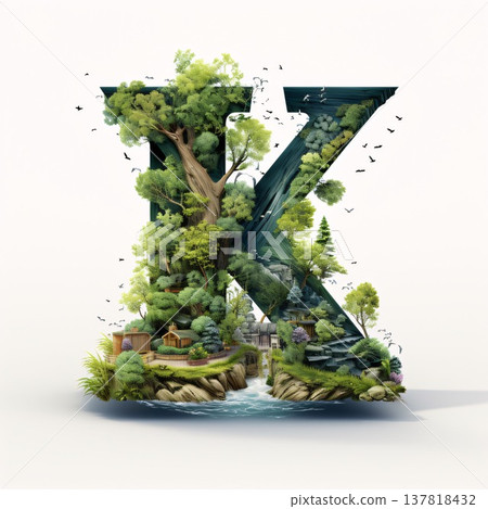 Alphabet letter K made of green trees and bushes isolated on white background Alphabet letter K made of green trees and bushes isolated on white background 137818432