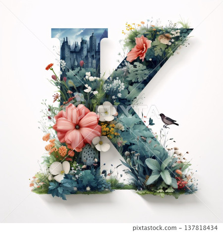 Letter K decorated with flowers, leaves and birds, isolated on white 137818434