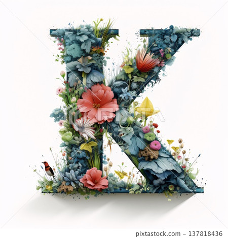 Alphabet made of flowers. Letter K. 3D illustration. Alphabet made of flowers. Letter K. 3D illustration. 137818436