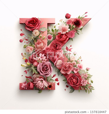 Letter K made of flowers on white background. 3D illustration. Letter K made of flowers on white background. 3D illustration. 137818447