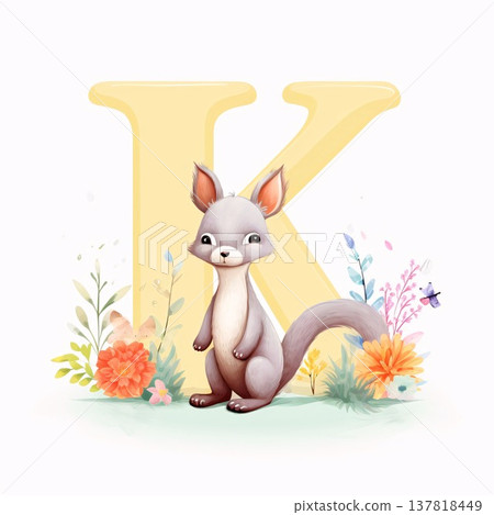 Alphabet letter K with cute squirrel and flowers. Vector illustration. 137818449