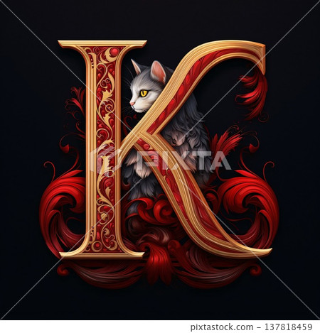 Vintage letter K with a cat in the style of Baroque. Vintage letter K with a cat in the style of Baroque. 137818459