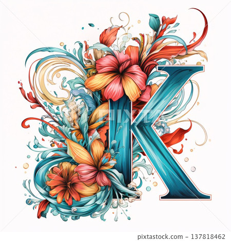 Beautiful letter K with floral ornament and hibiscus flowers 137818462