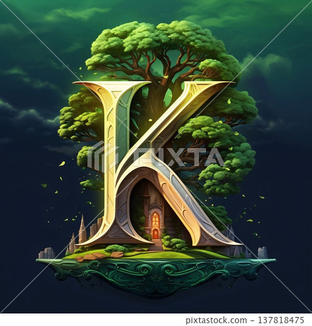 Alphabet letter K with tree and castle in the background. 3D rendering Alphabet letter K with tree and castle in the background. 3D rendering 137818475