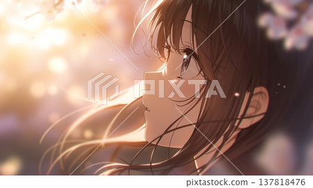 一位動漫風格的漂亮女孩，在櫻花樹下，頭髮隨風飄揚。 137818476