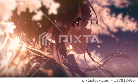 一位動漫風格的漂亮女孩，在櫻花樹下，頭髮隨風飄揚。 137818490