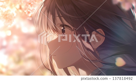 一位動漫風格的漂亮女孩，在櫻花樹下，頭髮隨風飄揚。 137818492