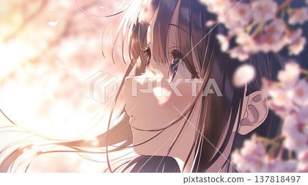一位動漫風格的漂亮女孩，在櫻花樹下，頭髮隨風飄揚。 137818497