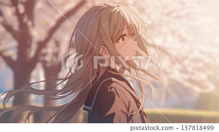 一位動漫風格的漂亮女孩，在櫻花樹下，頭髮隨風飄揚。 137818499