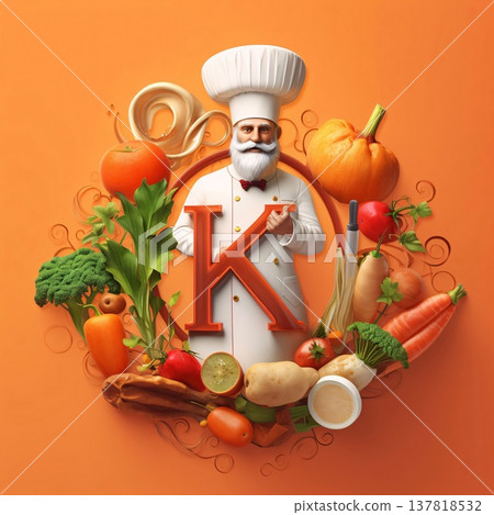 Chef with vegetables and letter K on orange background. Healthy food concept 137818532