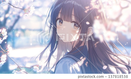 一位動漫風格的漂亮女孩，在櫻花樹下，頭髮隨風飄揚。 137818538