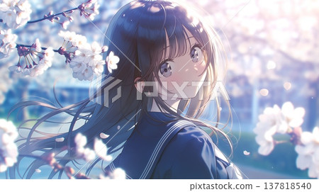 一位動漫風格的漂亮女孩，在櫻花樹下，頭髮隨風飄揚。 137818540