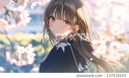 一位動漫風格的漂亮女孩,在櫻花樹下,頭髮隨風飄揚。 一位動漫風格的漂亮女孩,在櫻花樹下,頭髮隨風飄揚。 137818543