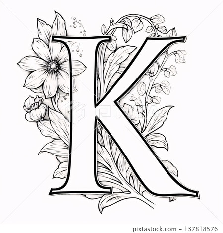 Vintage letter K with flowers and leaves in black and white. Vintage letter K with flowers and leaves in black and white. 137818576