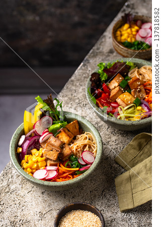 Vegan healthy poke bowl with tofu Vegan healthy poke bowl with tofu 137818582