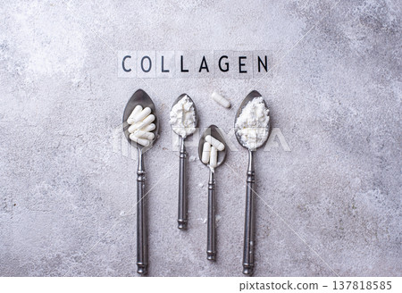 Collagen powder and pills. Healthy supplement 137818585