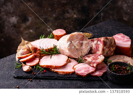 Different meat, sausages, ham and smoked pork Different meat, sausages, ham and smoked pork 137818593