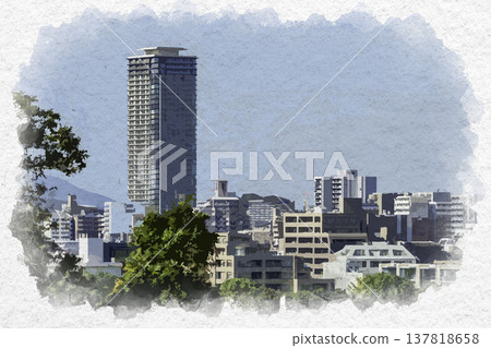 Watercolor-style view from Maizuru Park, Nishijin area, Sawara Ward, Fukuoka City, Fukuoka Prefecture 137818658