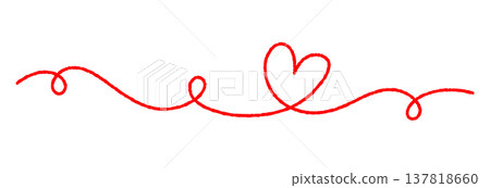 Red thread divider with heart shapes in a romantic style. Wavy, curly line inspired by sewing, yarn, and embroidery textures. 137818660
