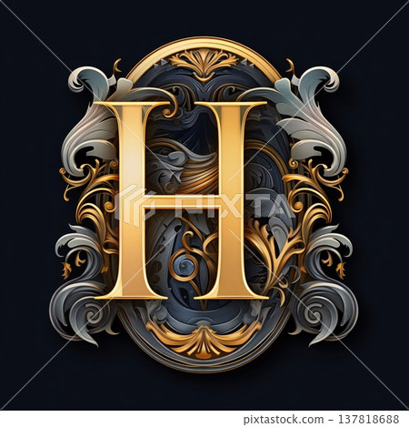 Luxury golden capital letter H in the style of Baroque. Luxury golden capital letter H in the style of Baroque. 137818688