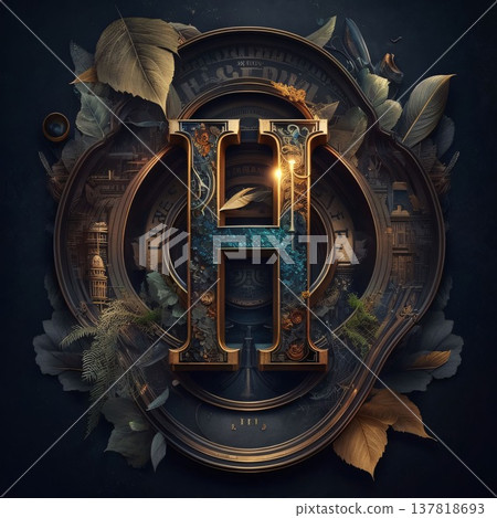 Vintage letter H in the frame of leaves. 3d rendering 137818693