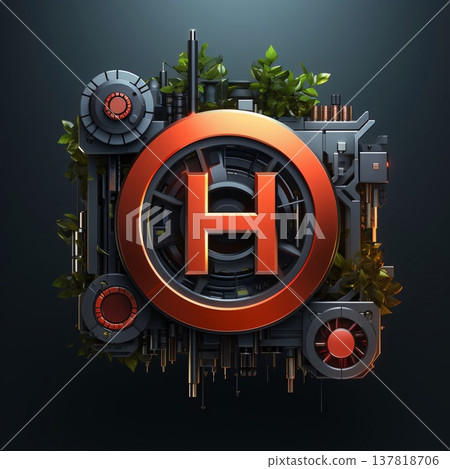 letter h in futuristic style with gearbox and plants on dark background 137818706