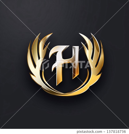 Initial Letter H Logo with Golden Laurel Wreath on Black Background. Initial Letter H Logo with Golden Laurel Wreath on Black Background. 137818736