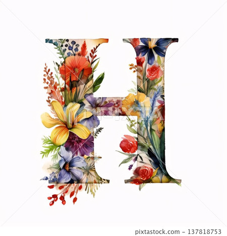 Watercolor alphabet of flowers. Letter H. Hand painted floral font. Watercolor alphabet of flowers. Letter H. Hand painted floral font. 137818753