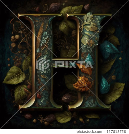 Colorful floral capital letter H in vintage style. 3D rendering Colorful floral capital letter H in vintage style. 3D rendering 137818758