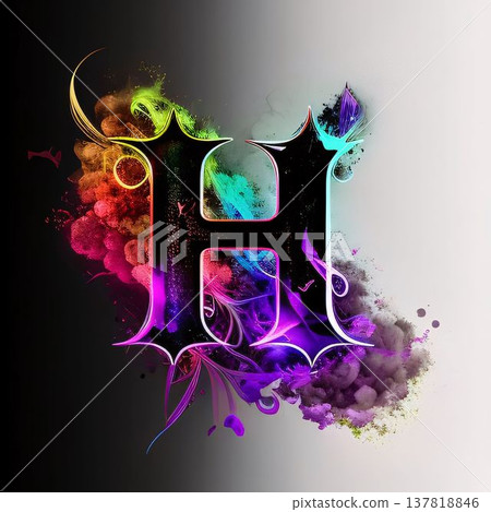 Letter H with colorful smoke and floral elements on black background. 3d illustration 137818846