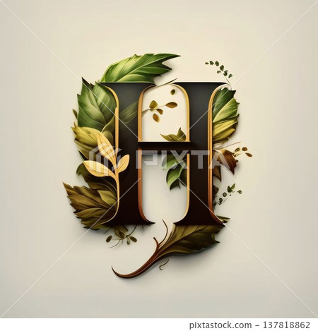 Nature alphabet with leaves. Letter H. Elegant floral font. 137818862